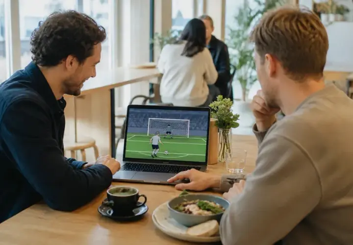 Två vuxna använder ett webbaserat fotbollsspel på ett kafé