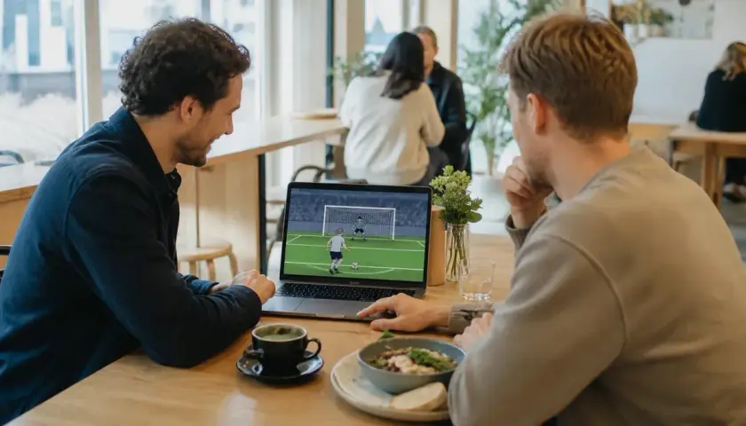 Två vuxna använder ett webbaserat fotbollsspel på ett kafé