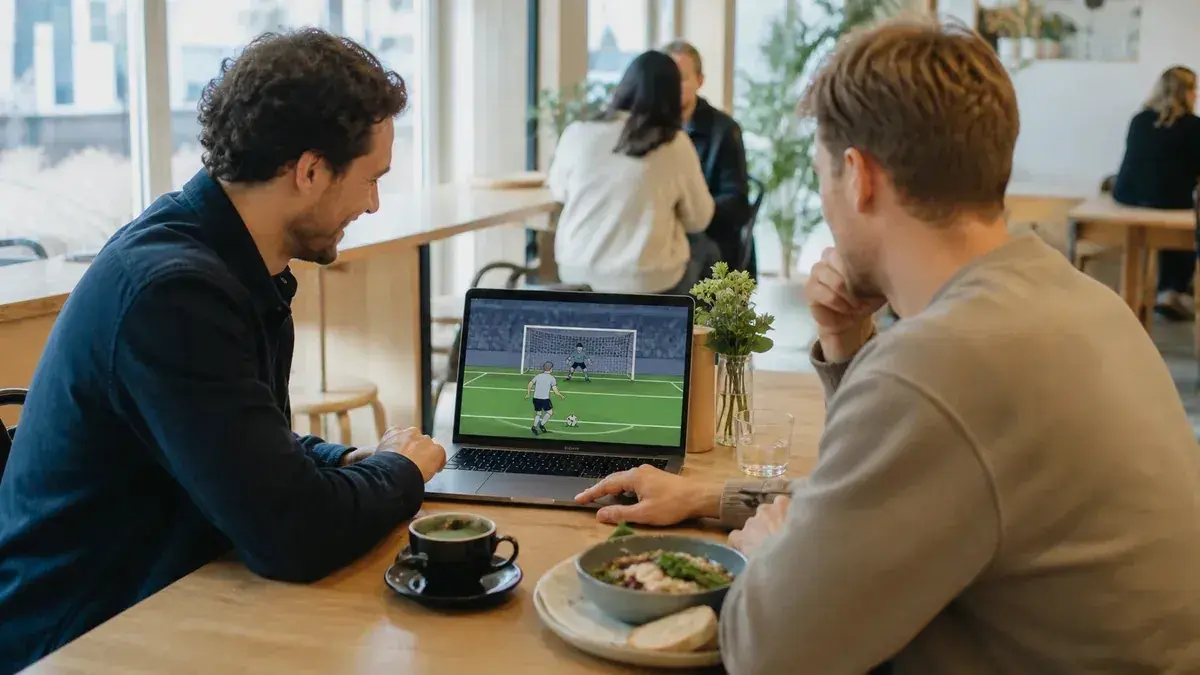 Två vuxna använder ett webbaserat fotbollsspel på ett kafé