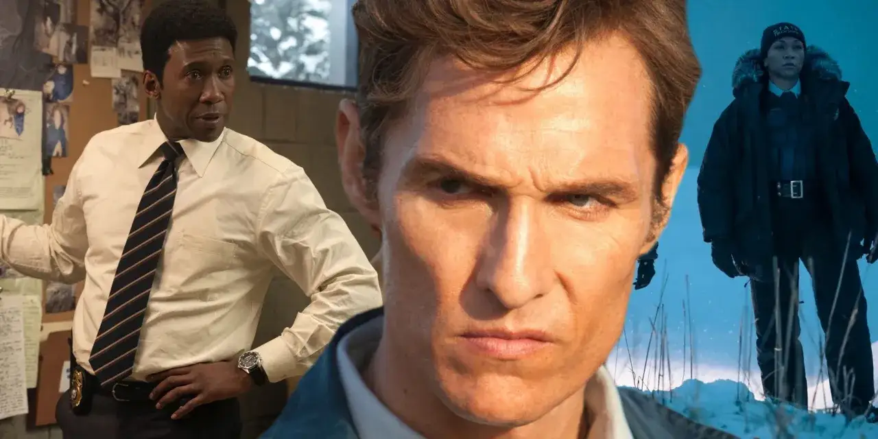 Tre män i olika miljöer, en i en vit skjorta vid en anslagstavla, en annan med intensiv blick, och en tredje i vinterkläder. Kanske en föraning om true detective season 5.