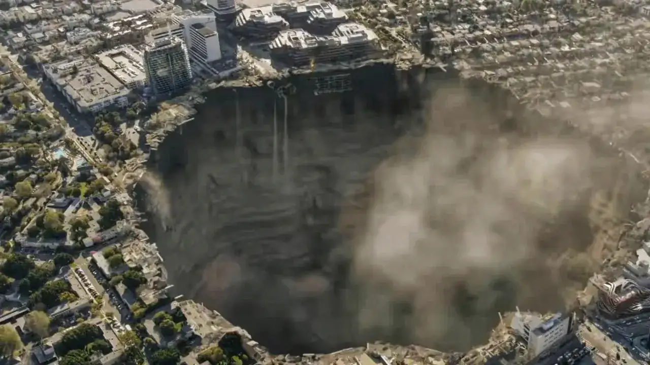 Enormt slukh&aring;l, som La Brea Tar Pits, har slukat delar av en stad. Byggnader och v&auml;gar syns p&aring; kanten av det djupa, dammiga gapet.