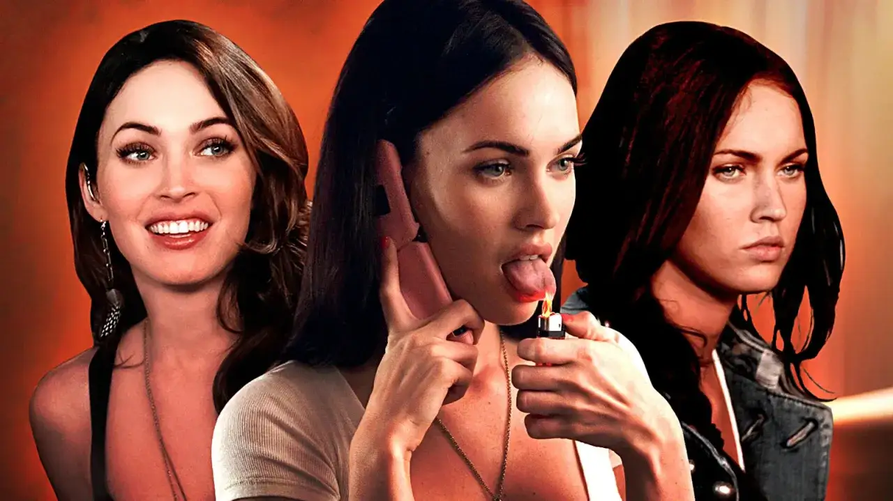 Tre olika uttryck av Megan Fox, en med leende, en som pratar i rosa telefon och t&auml;nder en cigarett, och en med allvarligt uttryck. Scener fr&aring;n filmer med Megan Fox.