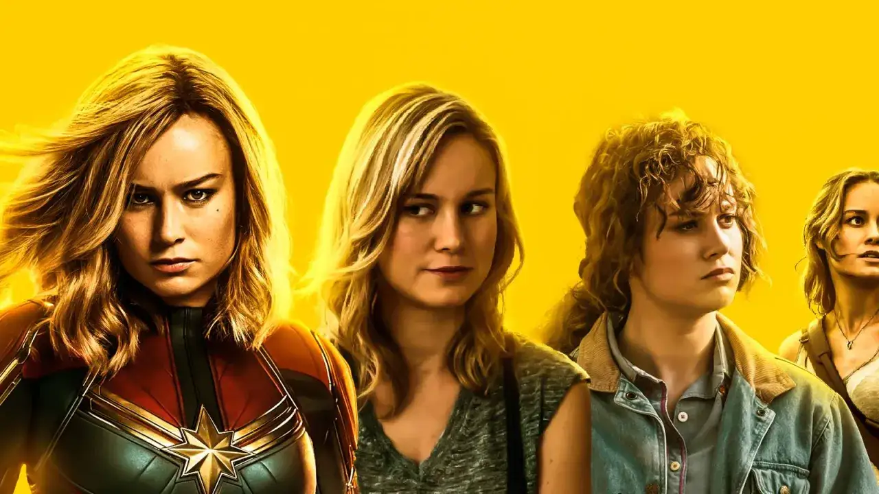 Brie Larson i olika roller fr&aring;n filmer. Fr&aring;n v&auml;nster: Captain Marvel, Carol Danvers i vardagskl&auml;der och en yngre version av henne.