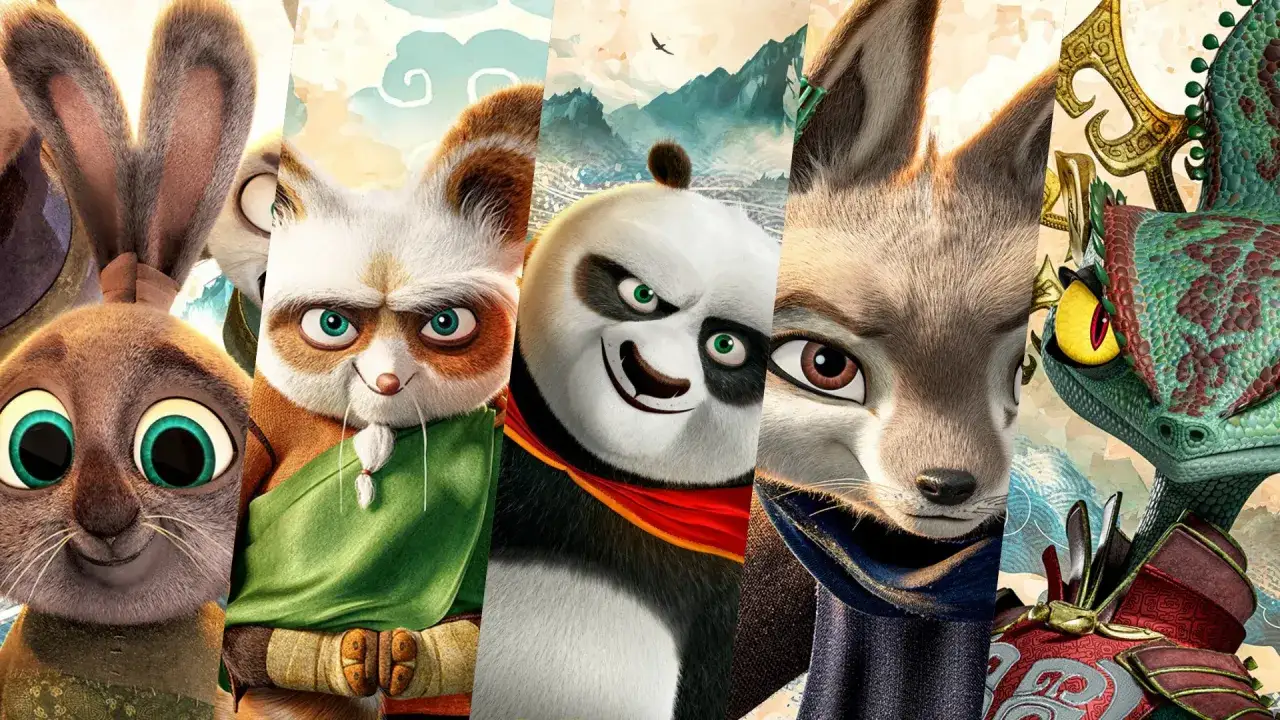 Rollistan i Kung Fu Panda 4: Po, Zhen, Chameleon och Shifu möts.