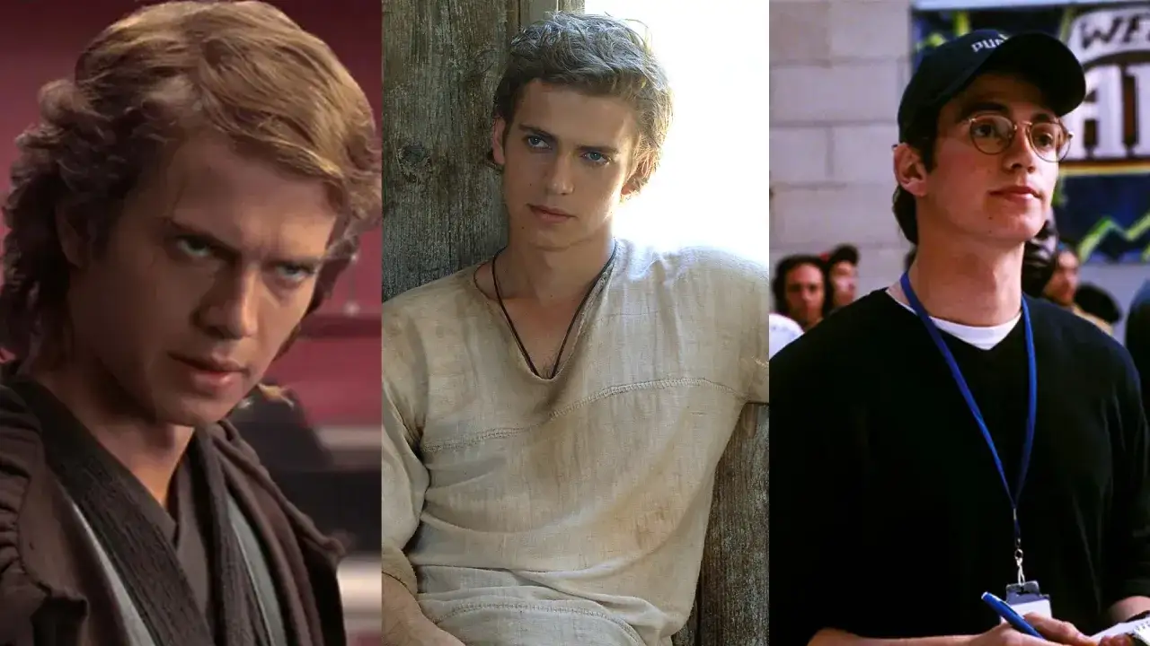Hayden Christensen i tre olika roller: som Anakin Skywalker, i en rustik klädsel och som en ung man med keps och glasögon.