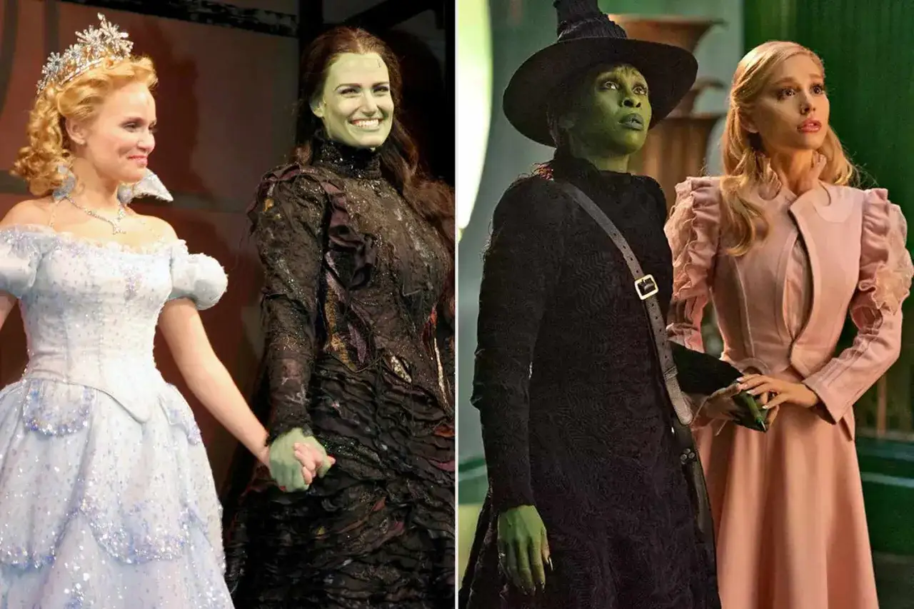 Två scener från musikalen Wicked: Glinda i ljusblå klänning och Elphaba i svart, samt en annan Elphaba med hatt och Glinda i rosa.