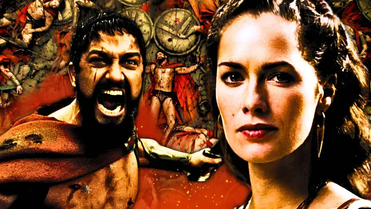 Leonidas vr&aring;lar i strid, omgiven av fallna krigare. Bredvid honom ser vi Gorgo, hans drottning, i en dramatisk scen fr&aring;n filmen 300.