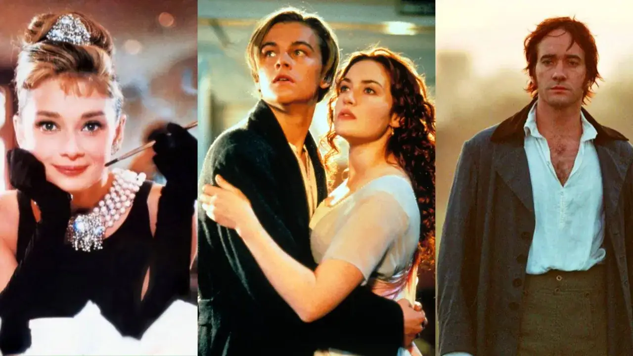 Audrey Hepburn, Leonardo DiCaprio och Kate Winslet, samt en man i historisk klädsel. Scener från klassiska romantiska filmer.