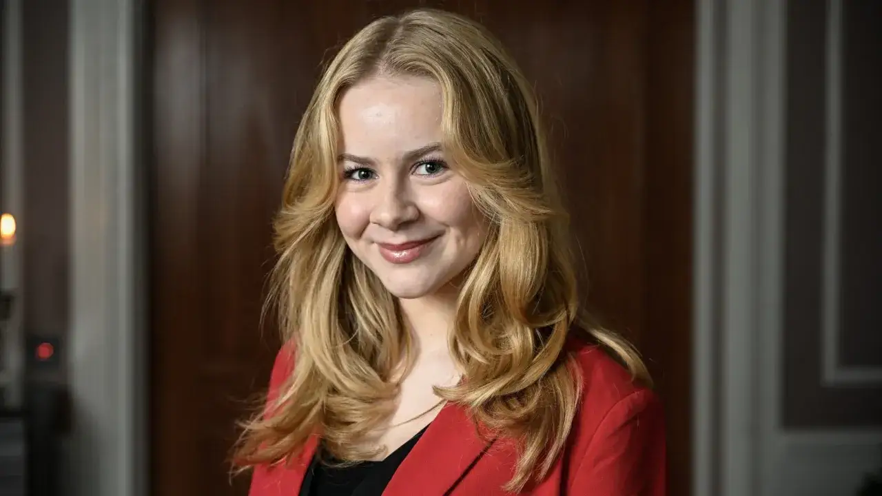 Matilda Gross ler mot kameran i en röd kavaj.