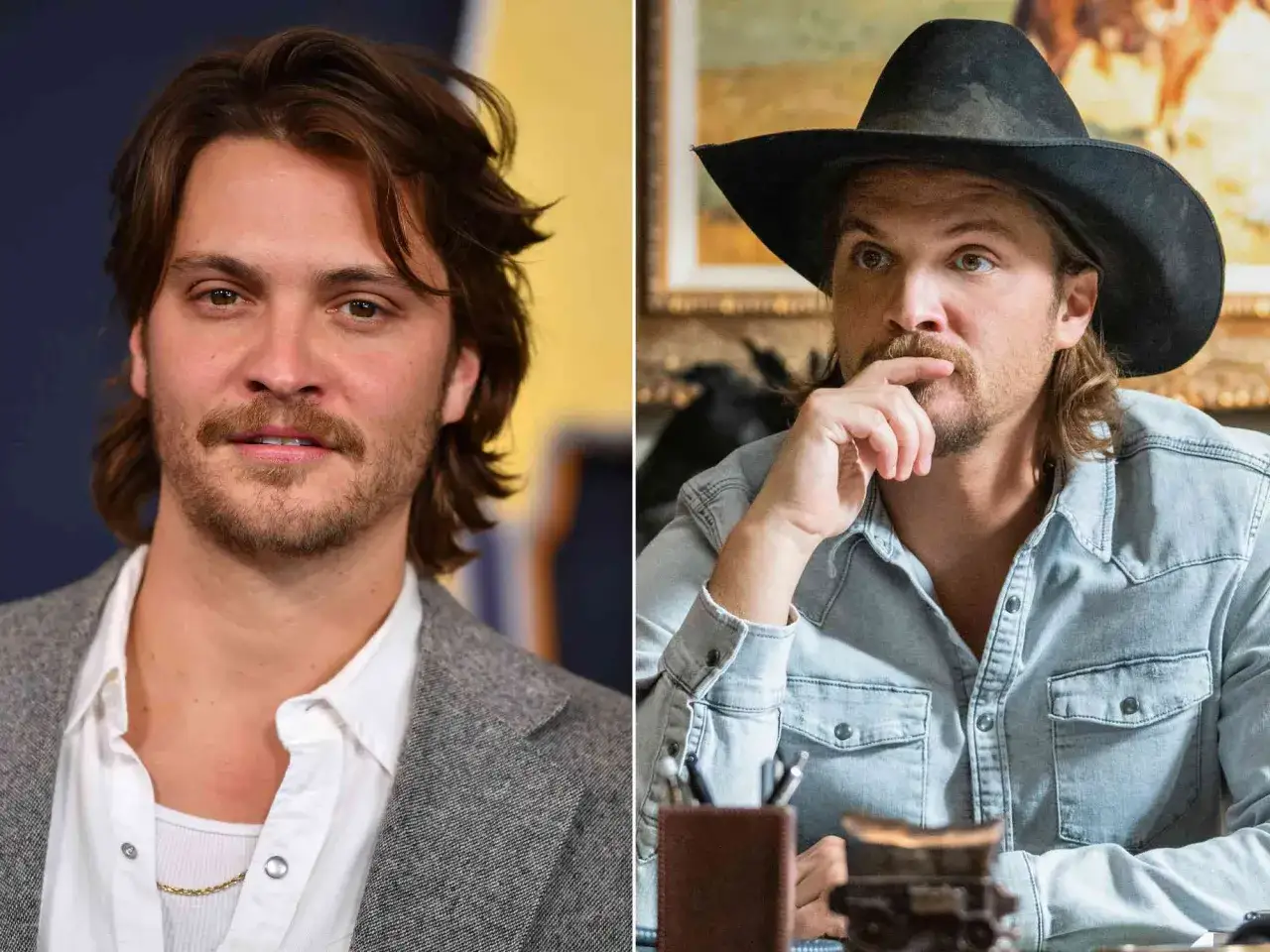 Skådespelaren Luke Grimes, känd från rollistan i Yellowstone, i två olika stilar.