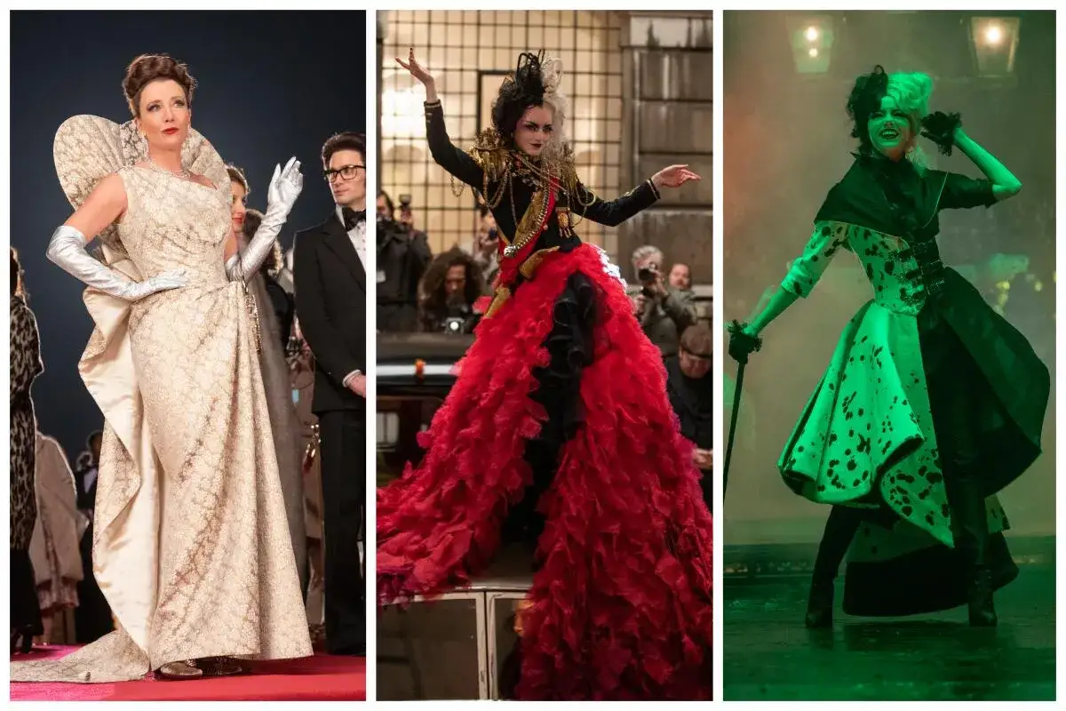 Tre olika Cruella-looks: en i elegant vit klänning, en i dramatisk röd volymkjol och en i ikonisk svartvit fläckig dräkt.