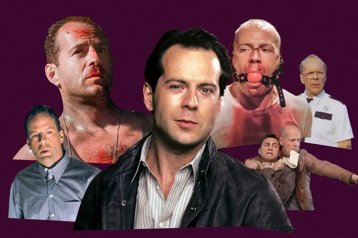 Collage med Bruce Willis i olika roller från filmer. Han syns blodig, i fängelsedräkt och som polis.