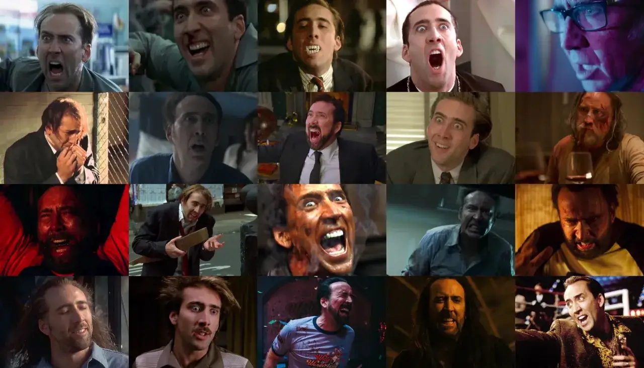 En montage av Nicolas Cage i olika filmer, med uttryck som sp&auml;nner fr&aring;n skr&auml;ck till extas. En hyllning till hans m&aring;ngsidighet i filmer med Nicolas Cage.