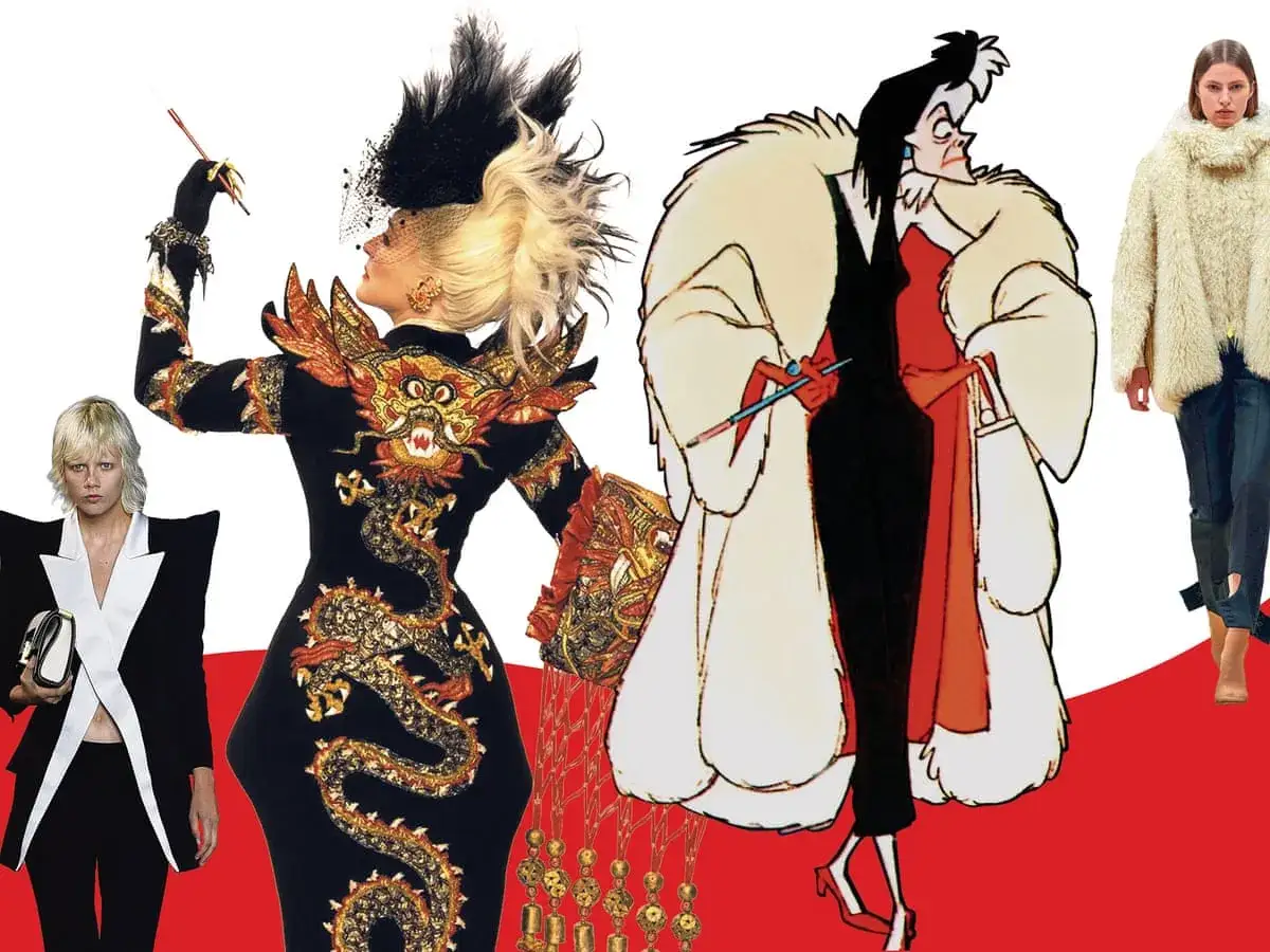 Modell i dramatisk drakklänning, bredvid en illustration av Cruella de Vil och en modell i pälsjacka.
